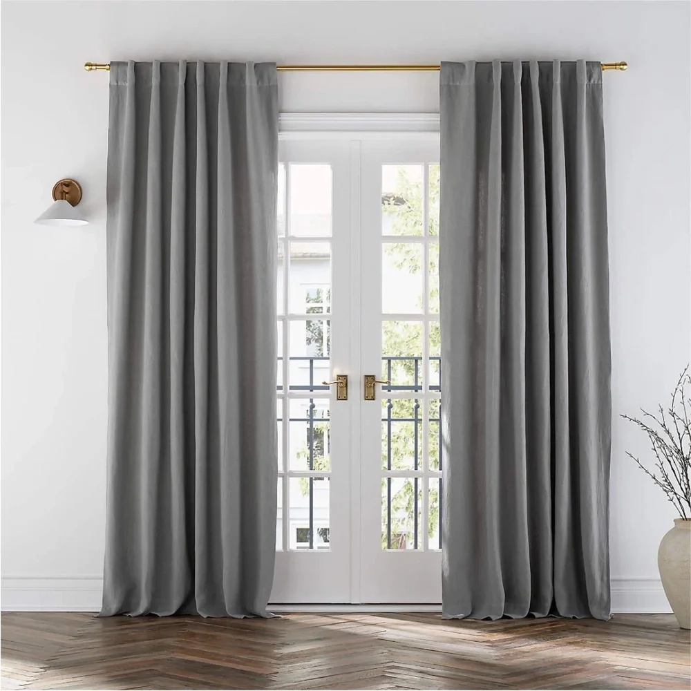 PAIR - (2) Crate & Barrel European Flax™ Linen Curtain Panels Pebble Grey 52×120